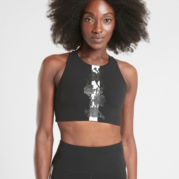 Athleta Powervita Rose Stripe Round Neck Crossback Pullover Sports Bra Black S - Picture 10 of 10